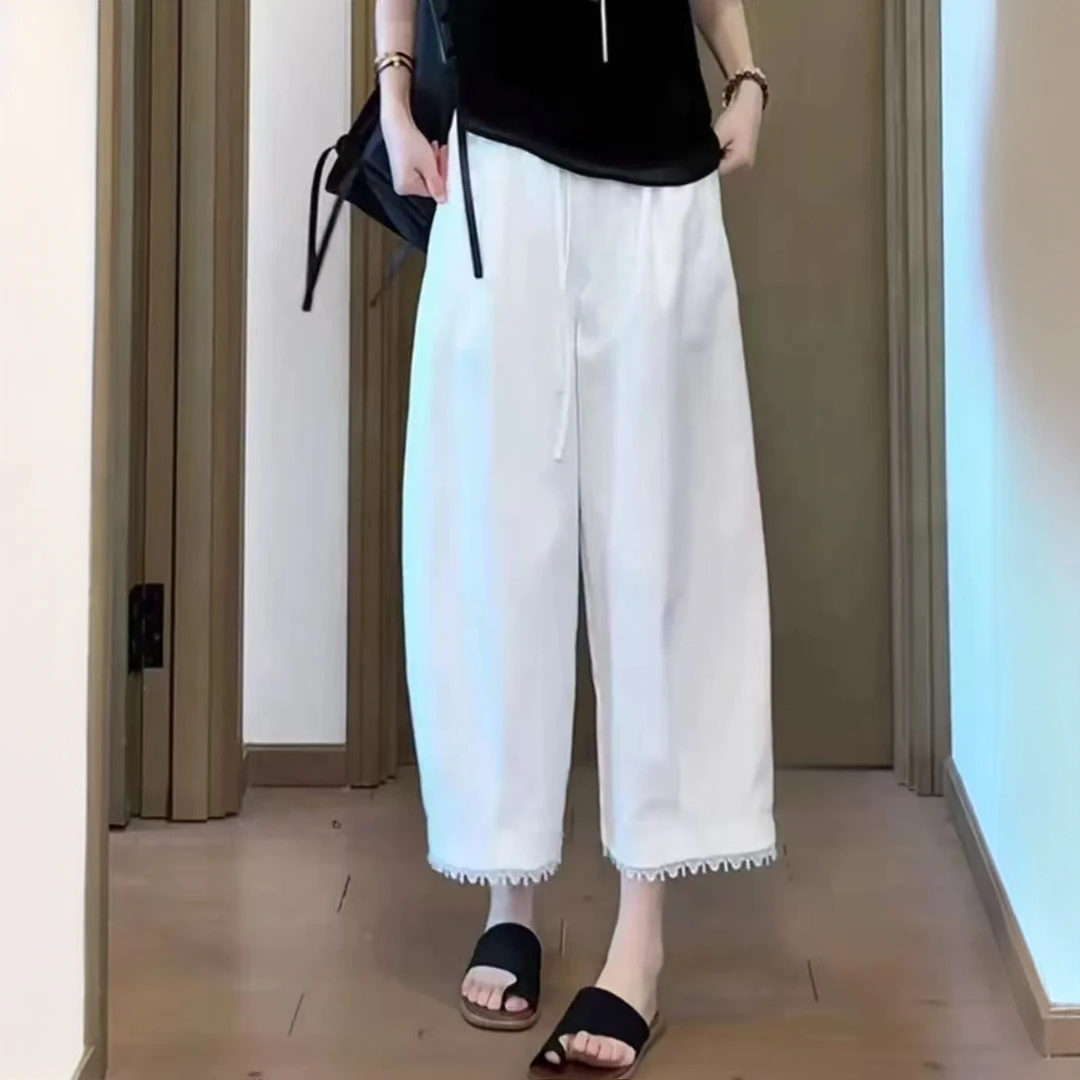 韩系蕾丝花边阔腿裤时尚百搭宽松显瘦拼接蕾丝休闲女裤