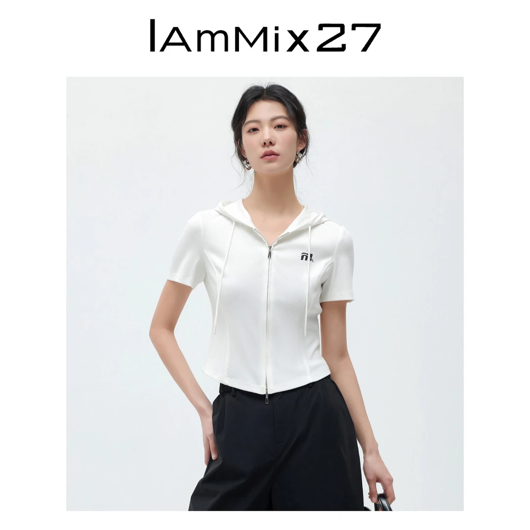 Iammix27短袖连帽薄开衫女短款显瘦纯色双拉链针织上衣女M4B8023