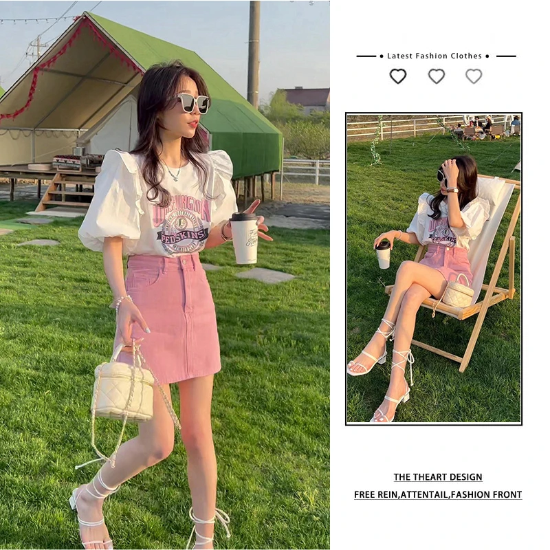 夏季套装女2025新款设计感时尚泡泡袖上衣牛仔短裙减龄显瘦两件套