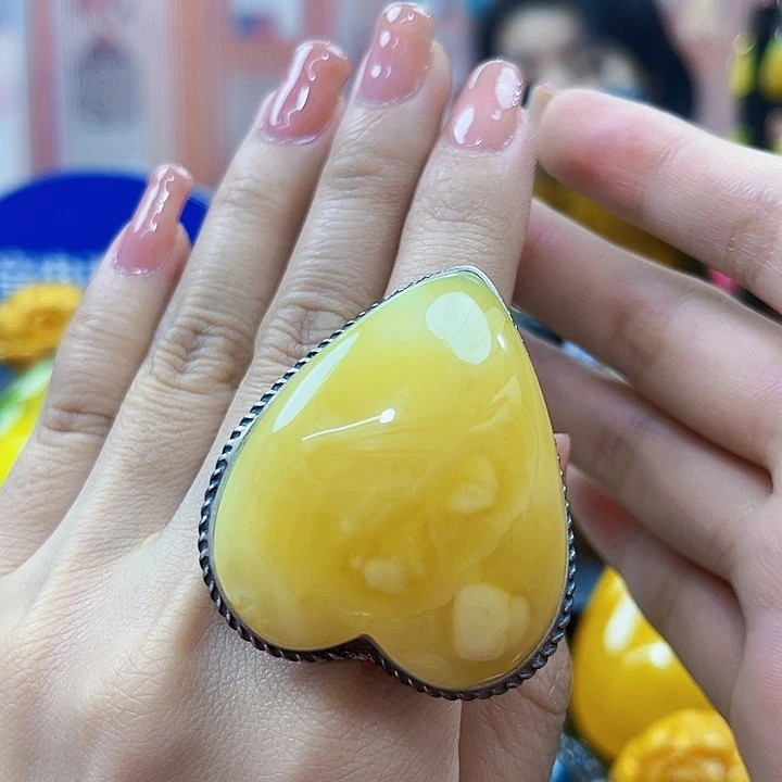 蜜蜡银S925镶嵌裸石戒指