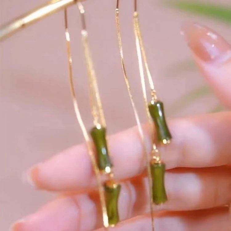 合金耳饰 长款绿色竹节耳线耳环女防丢流苏设计感网红百搭耳饰2