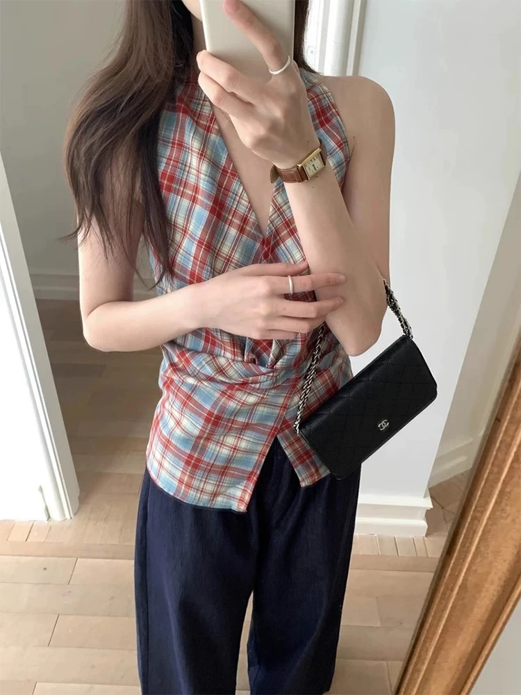韩版复古设计感小众V领扭结挂脖格纹气质收腰显瘦无袖衬衣小衫