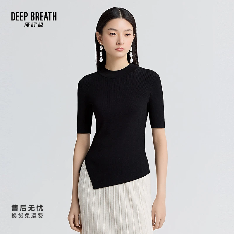 DEEP BREATH深呼吸女装小烟管领开叉不规则下摆短袖针织衫A301847