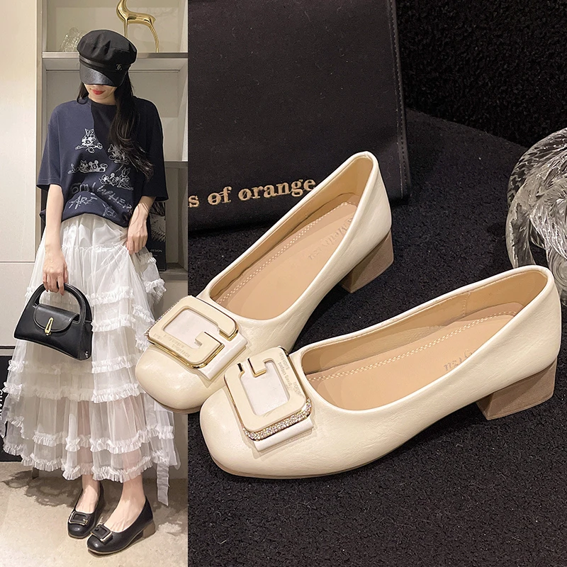 YYCORAL/宇逸瑚粗跟4公分浅口舒适中跟单鞋气质软底职业工作女鞋