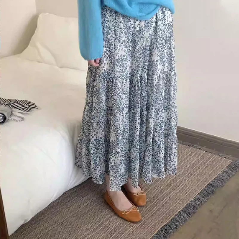 2025春夏季新款A字雪纺纱百褶中长款国风青花瓷碎花半身裙子女潮D