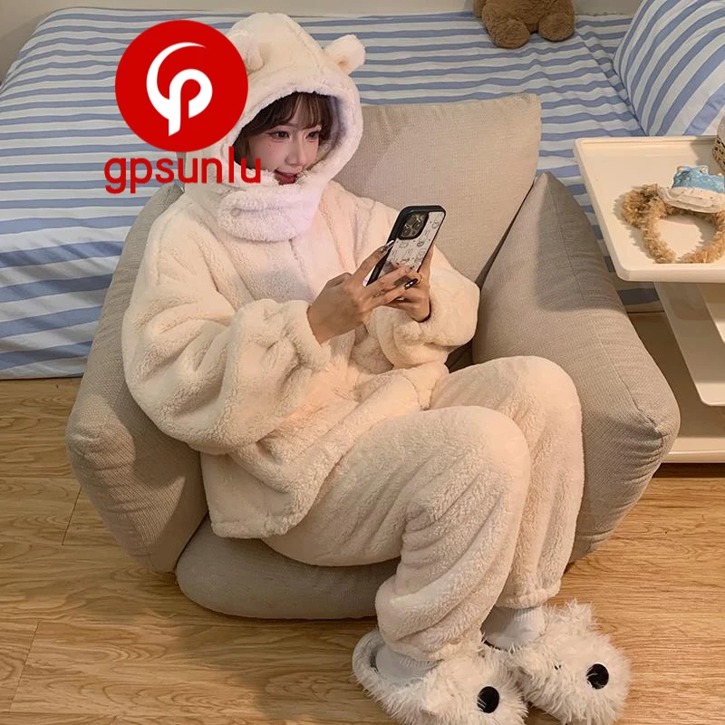 GPsunlu珊瑚绒睡衣女款秋冬季加绒加厚法兰绒连帽高级感家居服