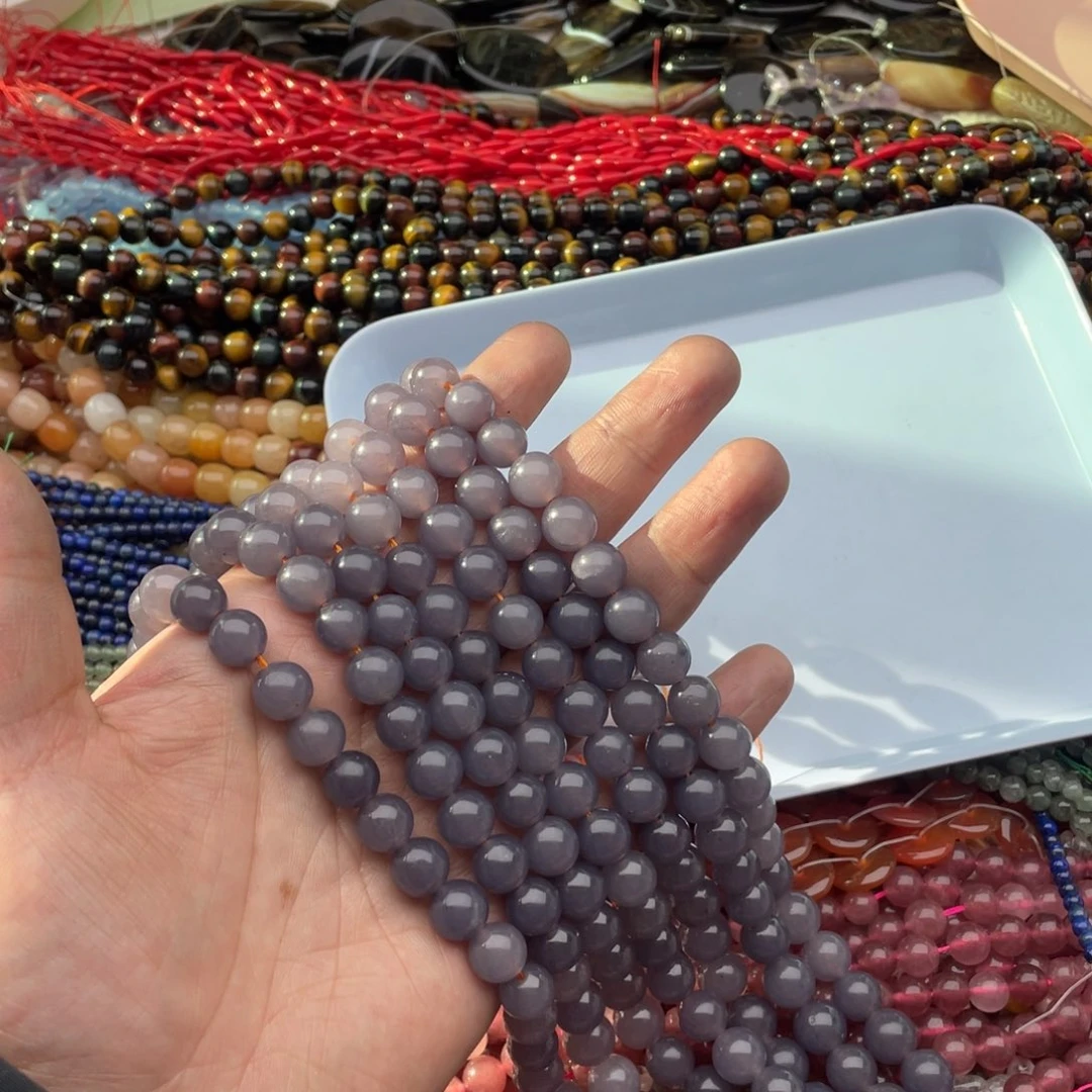 玛瑙/玉髓珠宝半成品未镶嵌两条装10mm烟紫玉圆珠有平点