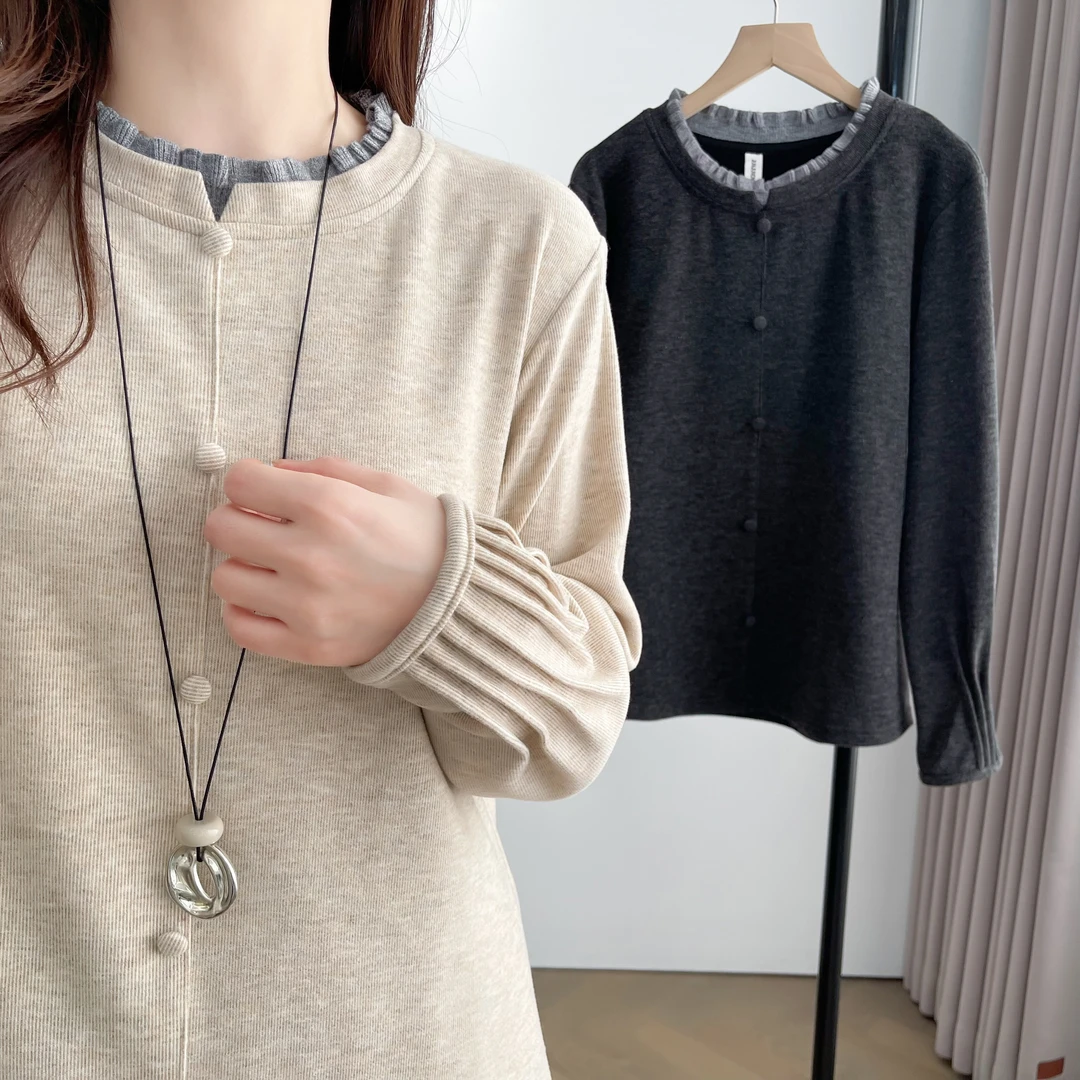 钱多多大码女装新款宽松拼接长袖T恤女设计感中式打底上衣JJ88318