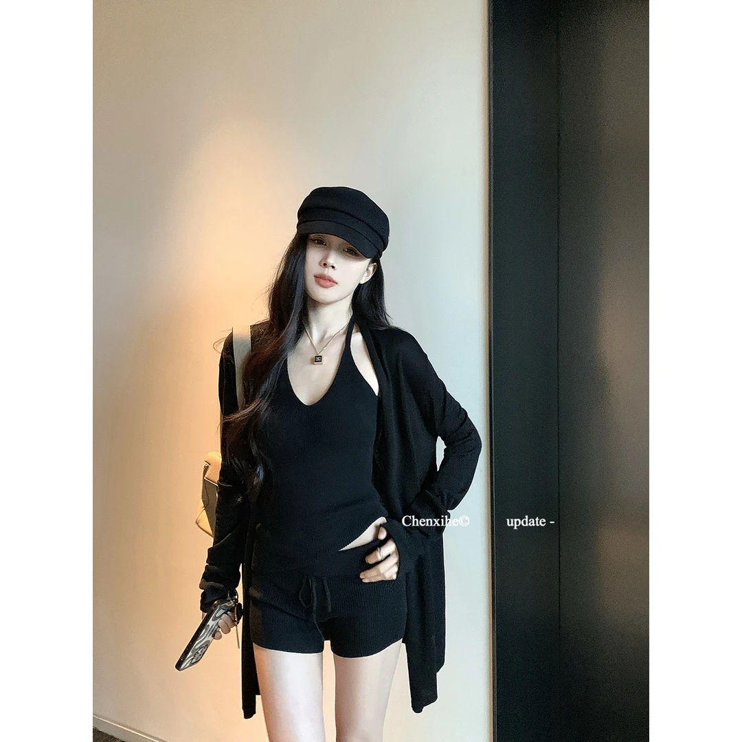 何晨曦 一整套穿搭套装天丝开衫挂脖针织吊带系带松紧短裤 T0941A