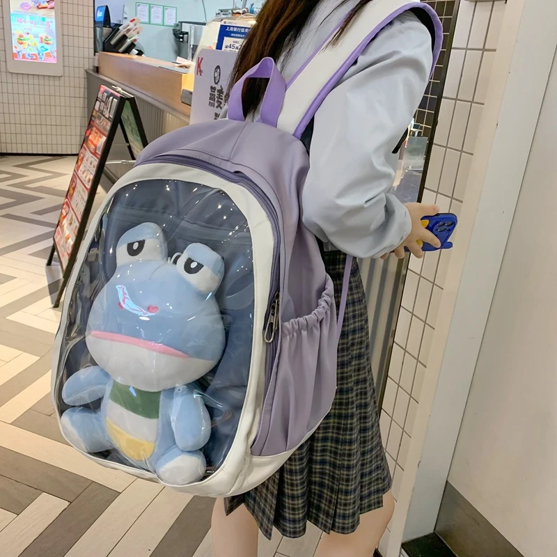 书包女初中生大容量可爱撞色高中学生双肩包日系卡通透明背包娃包