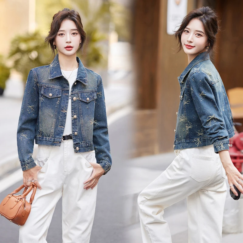 早秋新款牛仔外套女2025休闲韩版时尚刺绣蝴蝶结烫钻洋气百搭上衣