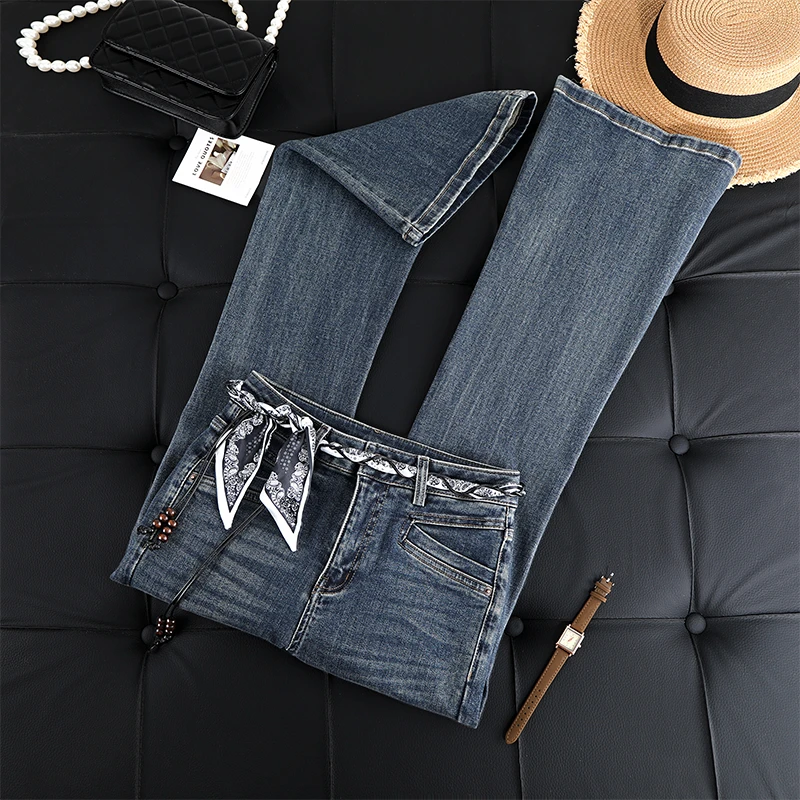 拉夏贝尔牛仔喇叭裤女2025年秋季新款百搭时尚鱼尾裤小个子微喇裤