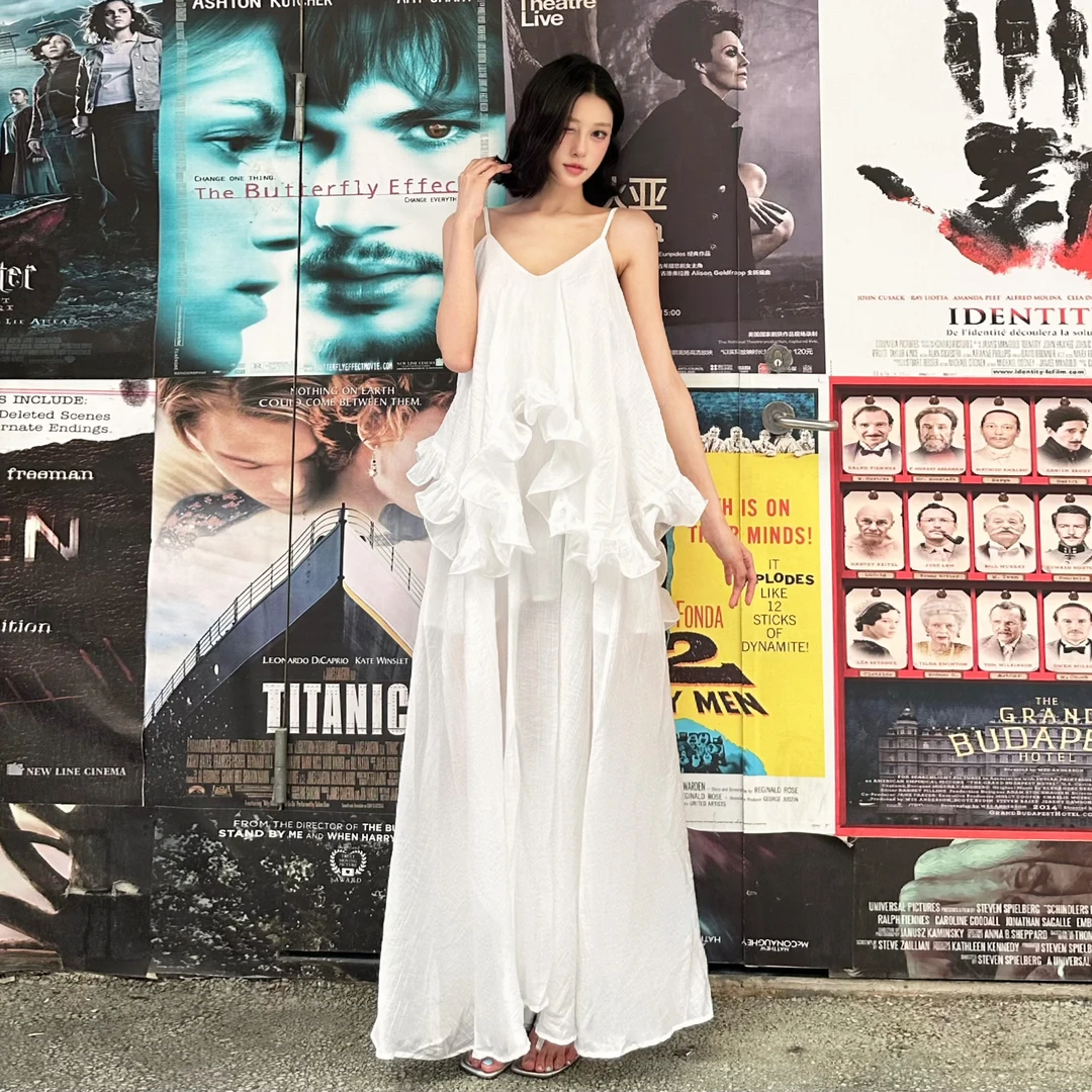 Malou 清冷氛围感纯白花嫁鸢尾仙女裙 飘逸度假吊带裙女K25D72187