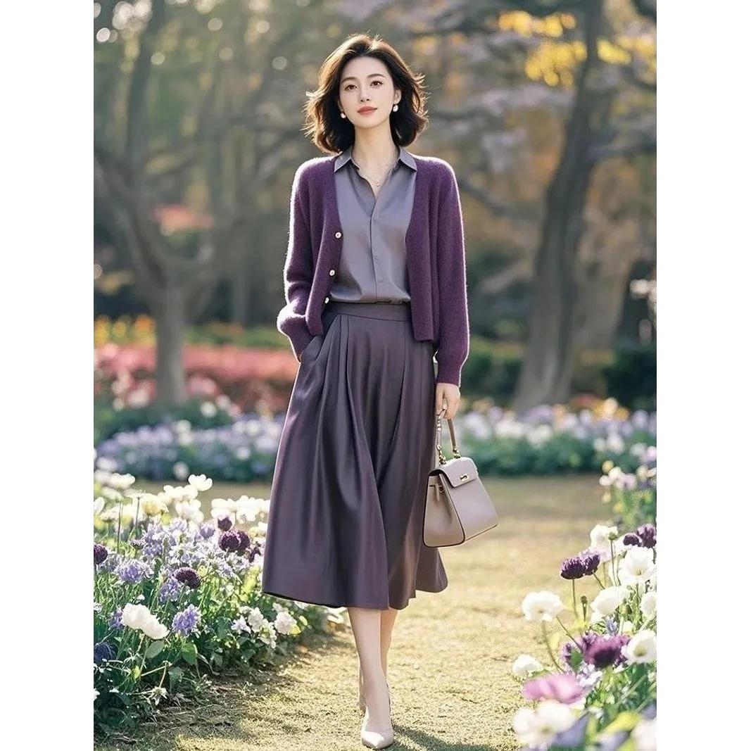 时尚休闲穿搭一整套女2025春季新款绝美紫色开衫百搭针织法式