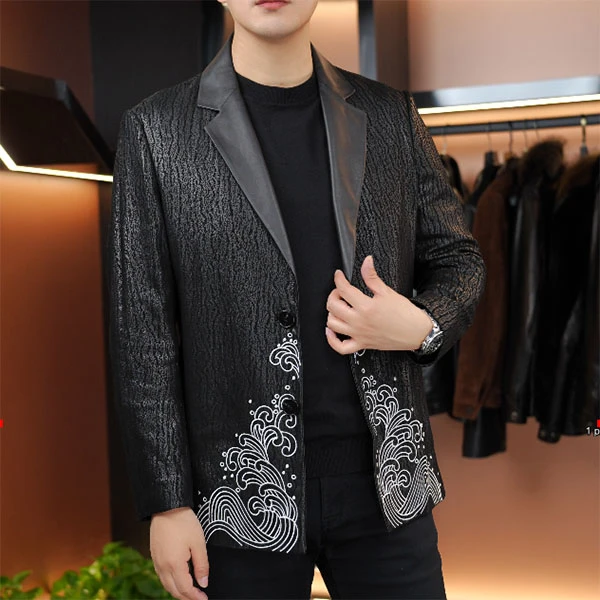 新款2025真皮头层绵羊皮西装男士复古薄款中国风潮流休闲长袖