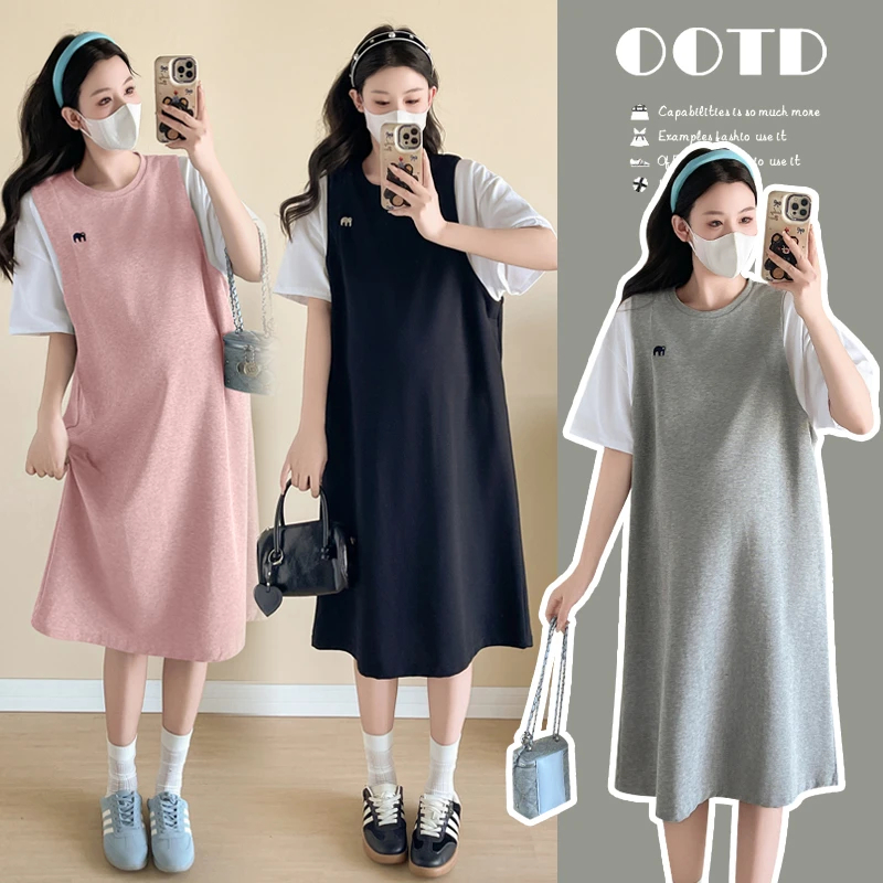 孕妇装夏季大码短袖连衣裙中长款遮臀显瘦假两件T恤裙200斤胖MM女
