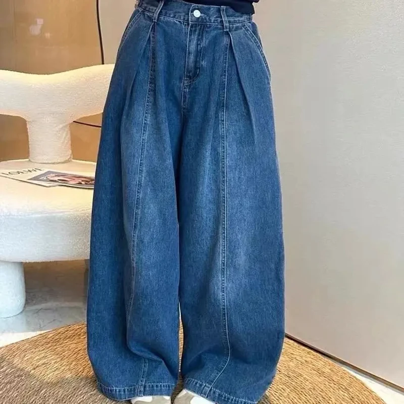 2025秋装新款宽松显瘦做旧高腰直筒牛仔裤女半松紧阔腿拖地裤0003