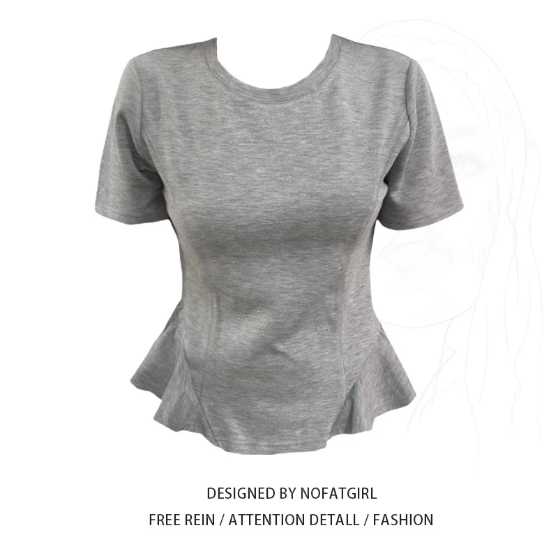 大码胖MM韩系灰色荷叶边短袖T恤女夏季新款收腰显瘦别致圆领上衣