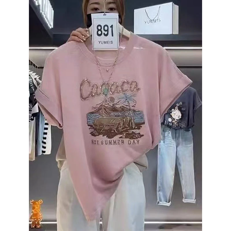 跑车提花夏季女士韩版设计感圆领短袖T恤时尚百搭宽松显瘦针织衫