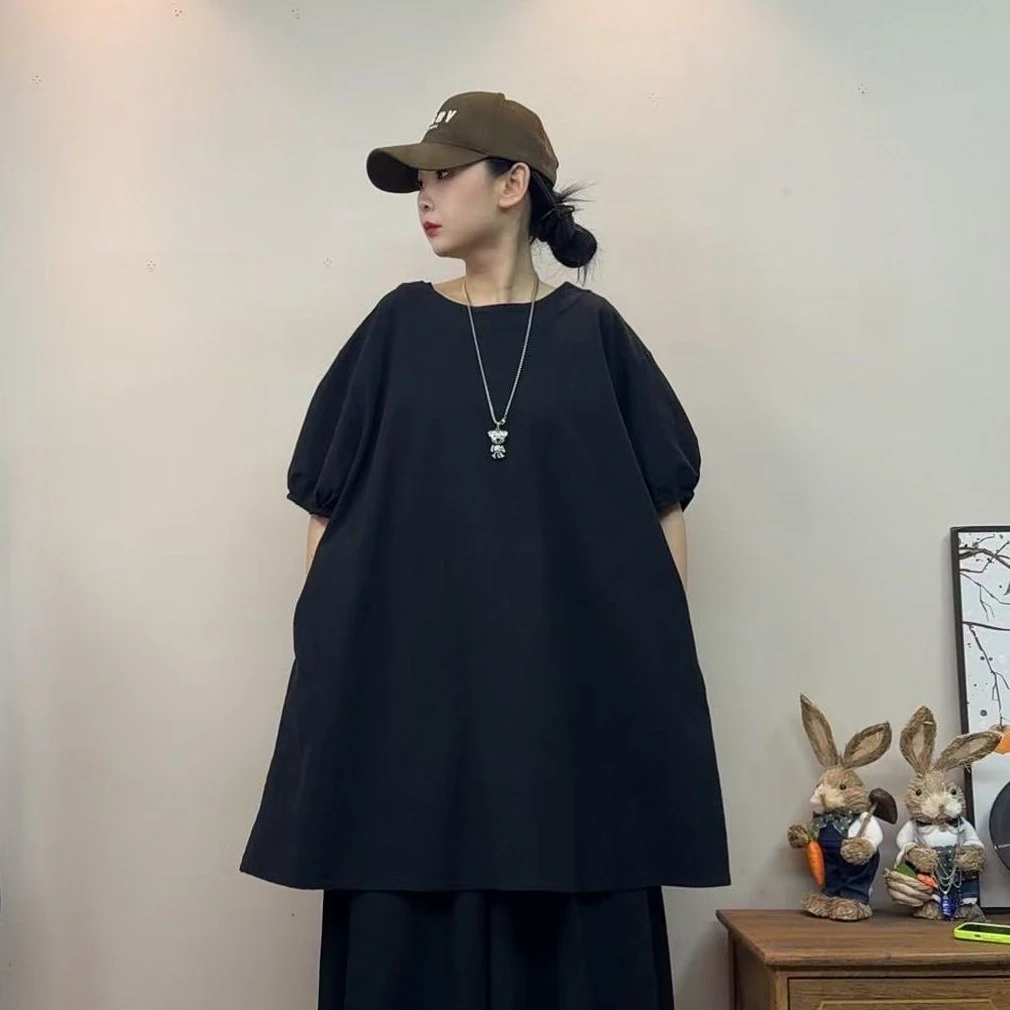 圆领中长款短袖衬衫上衣女宽松休闲百搭暗黑显瘦女上衣