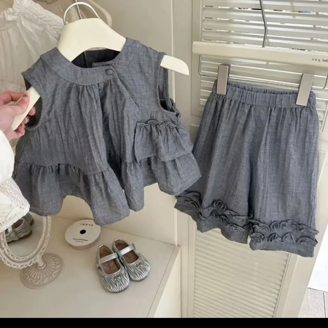 2025休闲风新款女童纯色夏季套装韩版时尚甜美公主套装A642