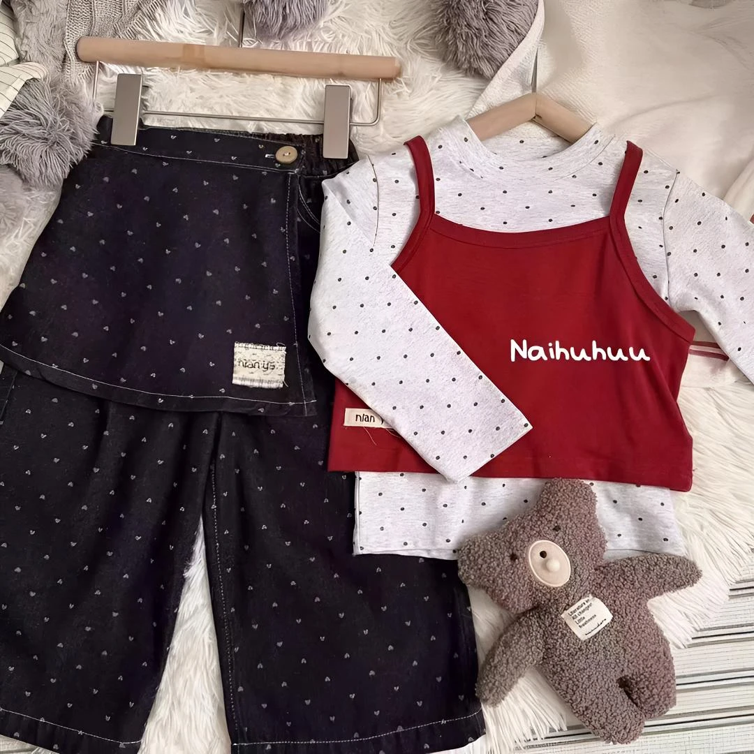 女童吊带套装韩版2025春季新款儿童韩系长袖T恤女宝宝屁帘牛仔裤