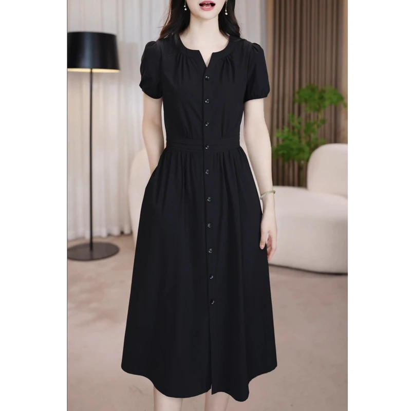 高档冰丝四面弹连衣裙2025夏季新款时尚洋气修身显瘦气质礼服裙子