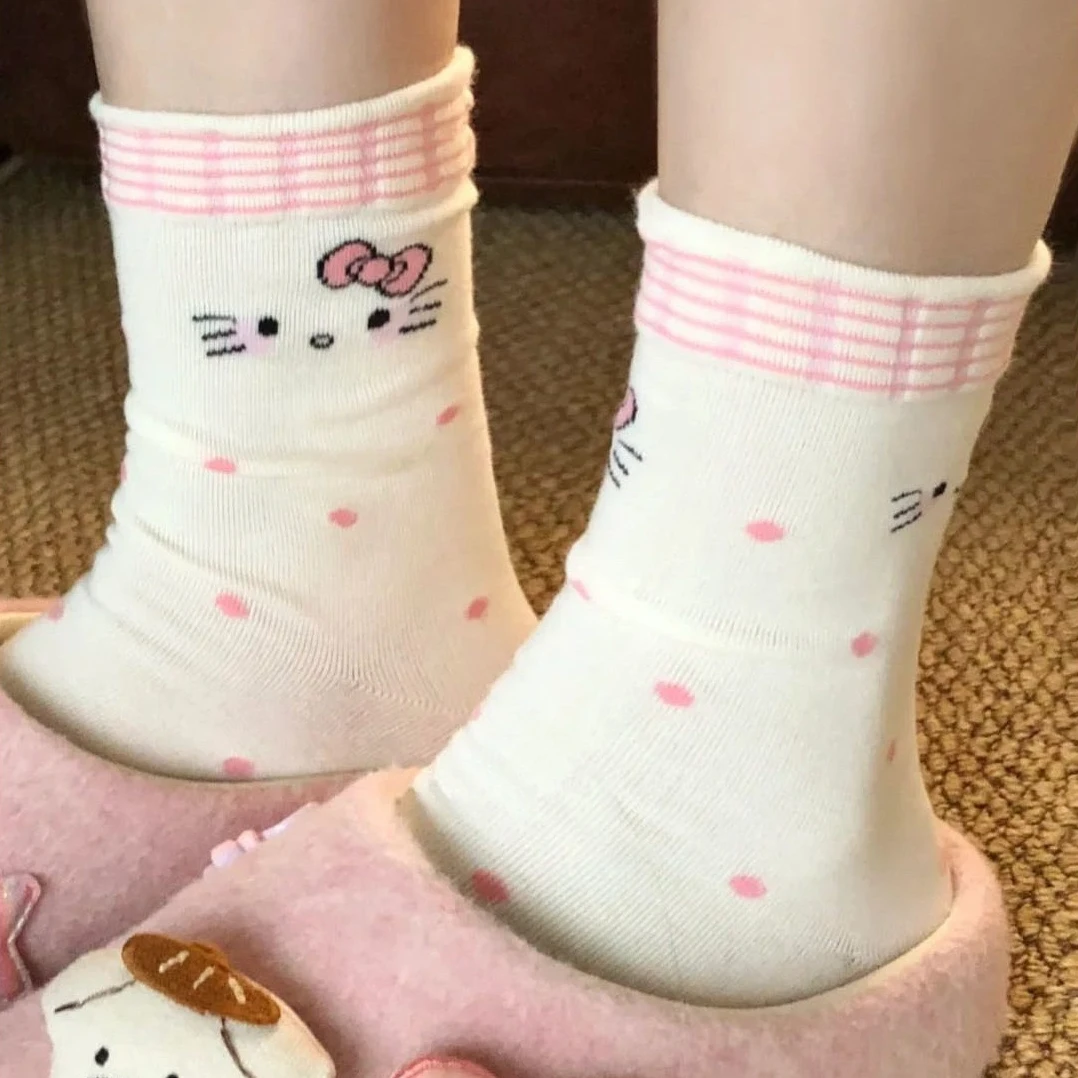秋季薄款kt猫袜子女中筒袜ins日系甜美卡通花边长袜白色长筒袜女F