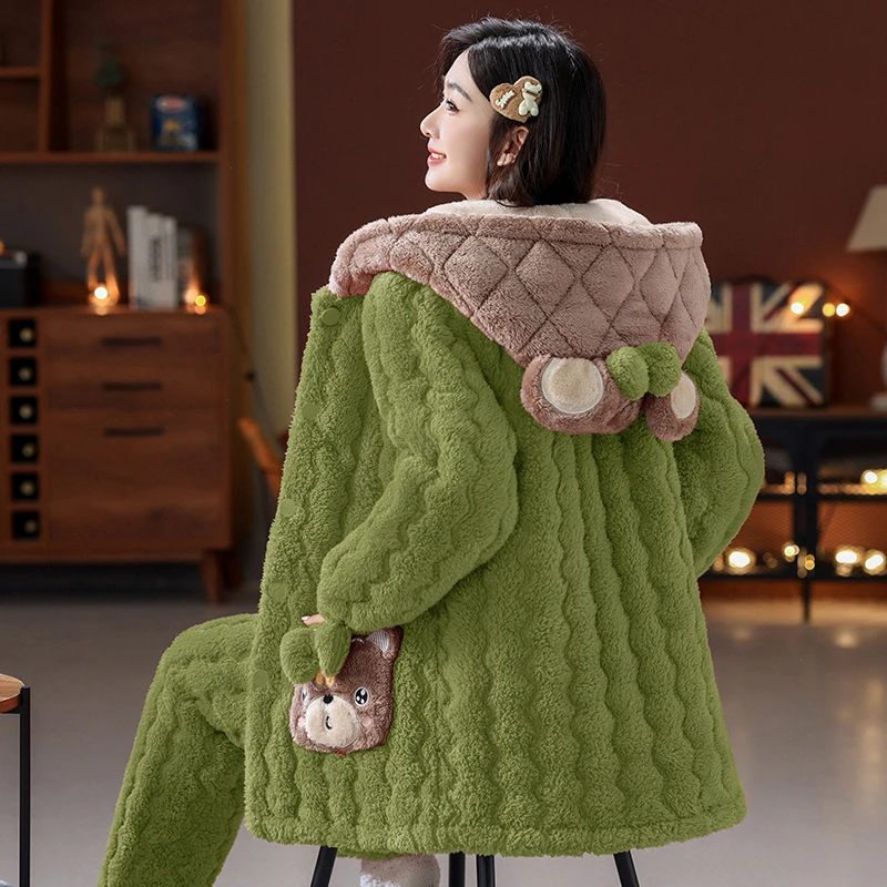 【冬季福利】冬季睡衣女加绒加厚超厚三层夹棉保暖连帽家居服可外穿