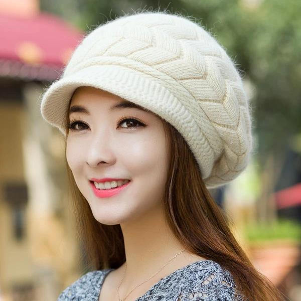 短檐中老年人秋冬季保暖针织毛线帽加绒韩版时尚百搭贝雷帽子女冬