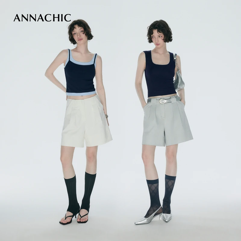 ANNACHIC云白色宽松阔腿裤女夏季新款短裤设计感百搭显瘦工装裤子
