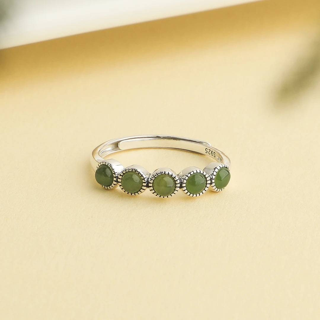 （云）S925银复古国风和田碧玉戒指精工镶嵌百搭戒指