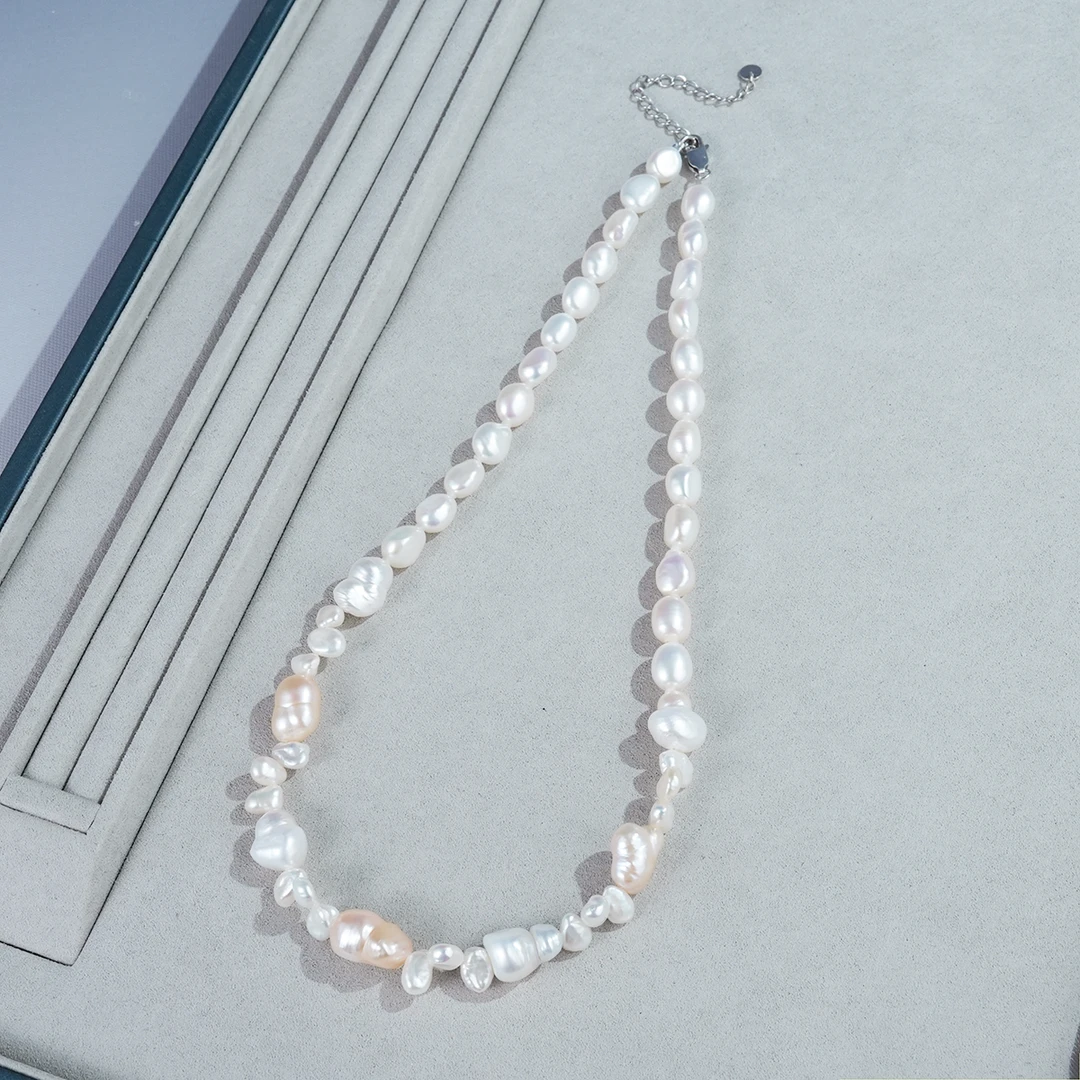 QG176白橙5-10mm S925银无核淡水珍珠项链40cm