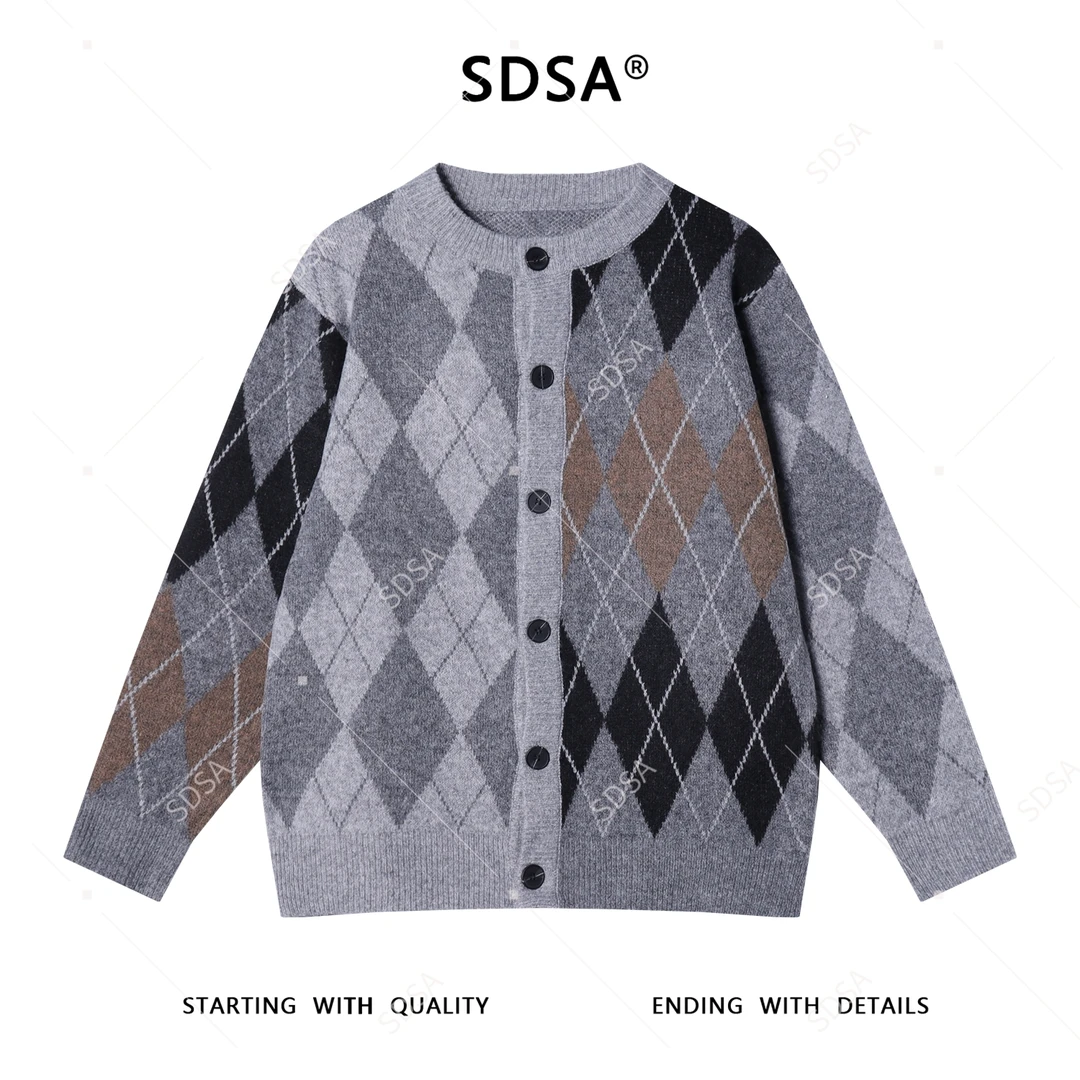 SDSA秋冬新款痞帅男装韩版撞色菱形格纽扣圆领毛衣百搭开衫针织衫