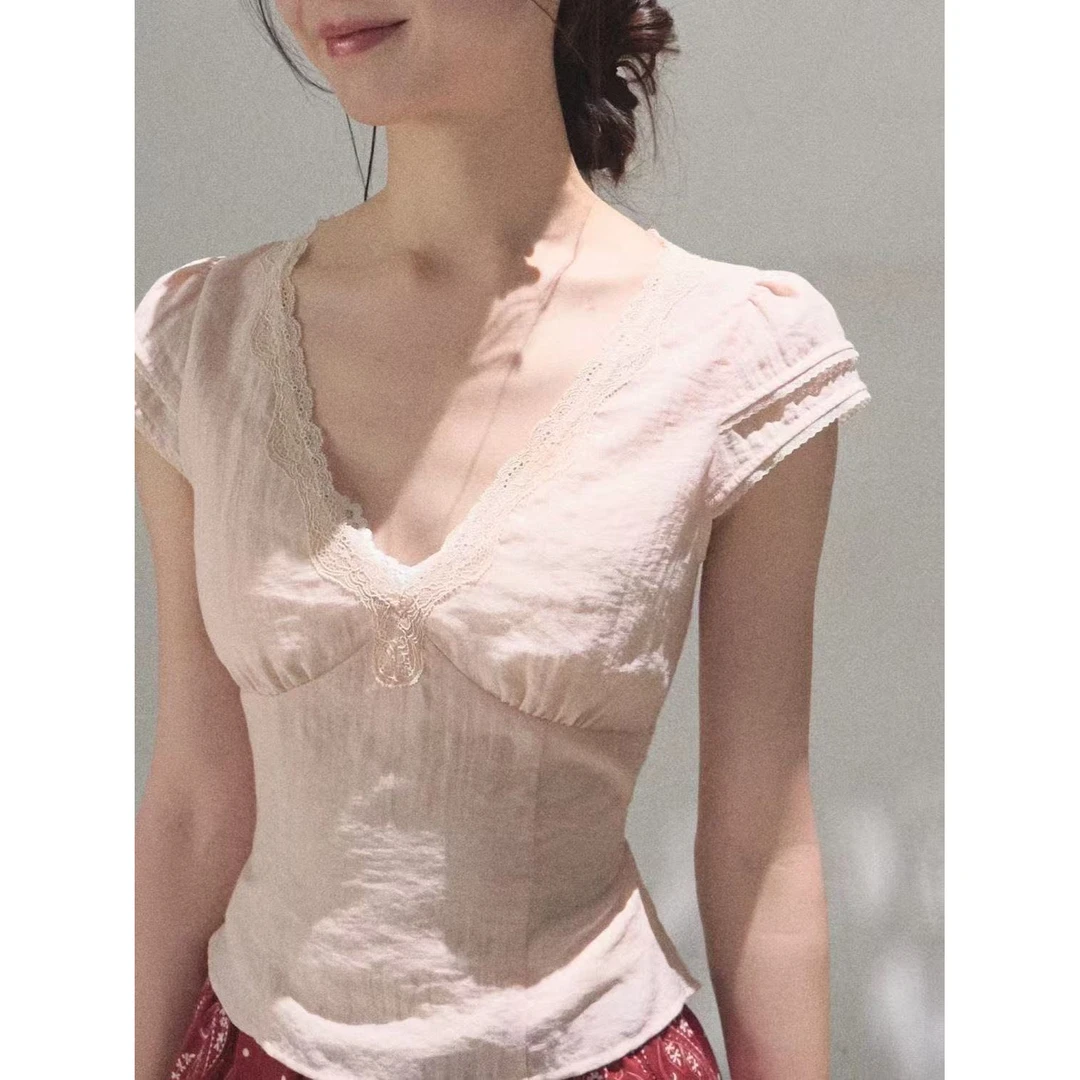 "馥郁的呼吸" 莱赛尔双层花边V领绑带百搭减龄修身显瘦T恤上衣女