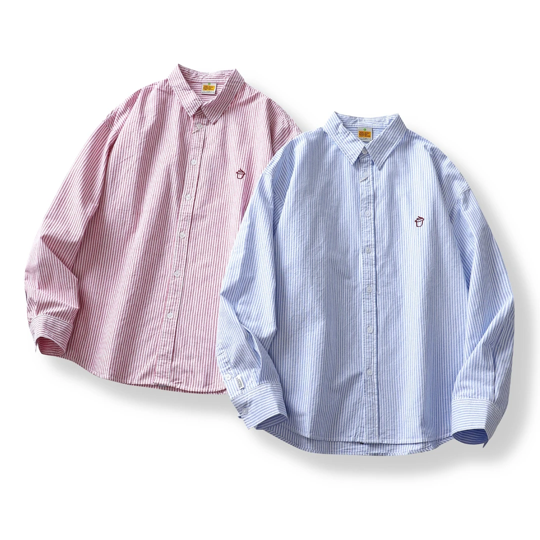 刺绣长袖衬衫男条纹春秋季韩版潮流衬衣日系潮牌休闲宽松上衣外套