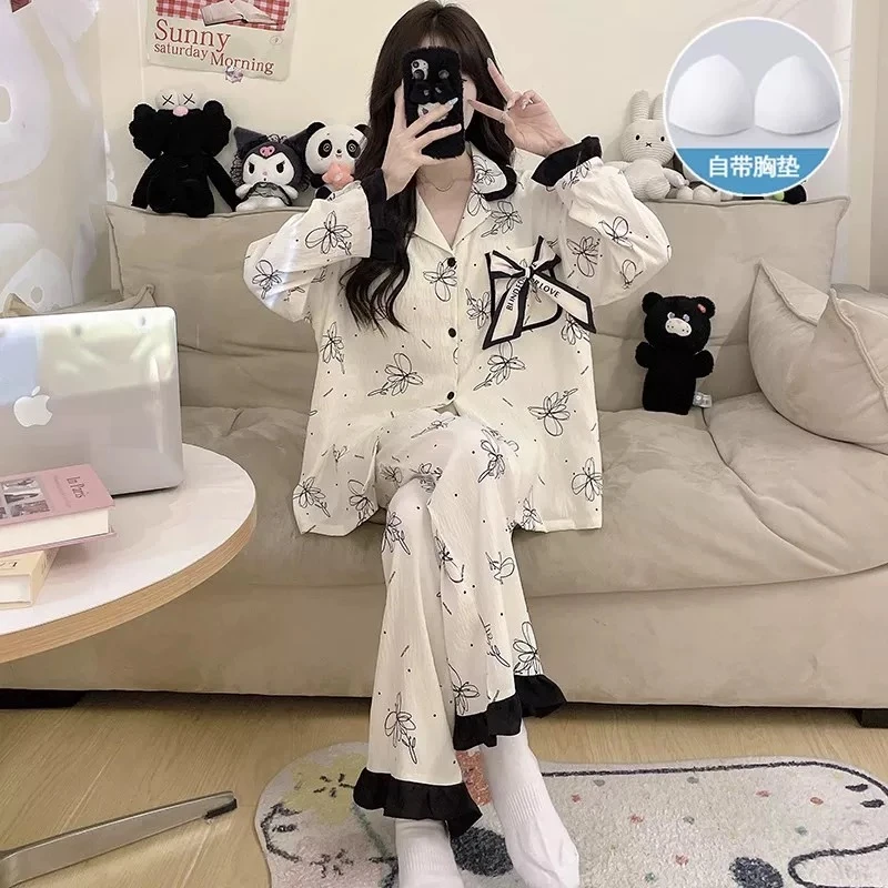 睡衣女新款春秋季带胸垫长袖薄款高级感宽松冬天可外穿家居服套装