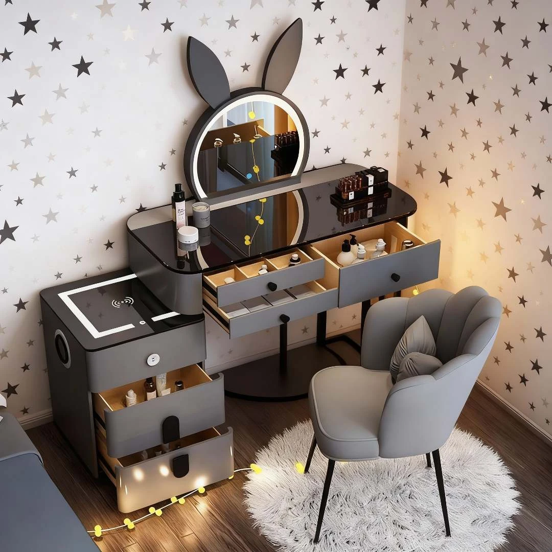 轻奢风20意式雕刻卧室收纳无线充电钢化玻璃极简电脑梳妆台