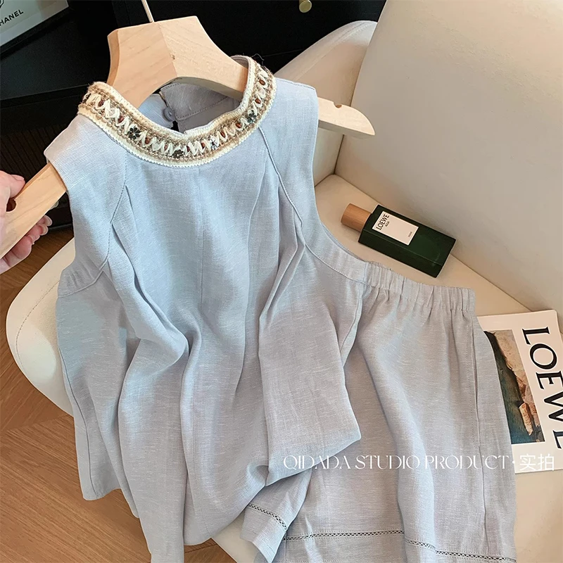 蓝色挂脖上衣短裤套装女2025年夏季新款轻奢高级感减龄时尚两件套