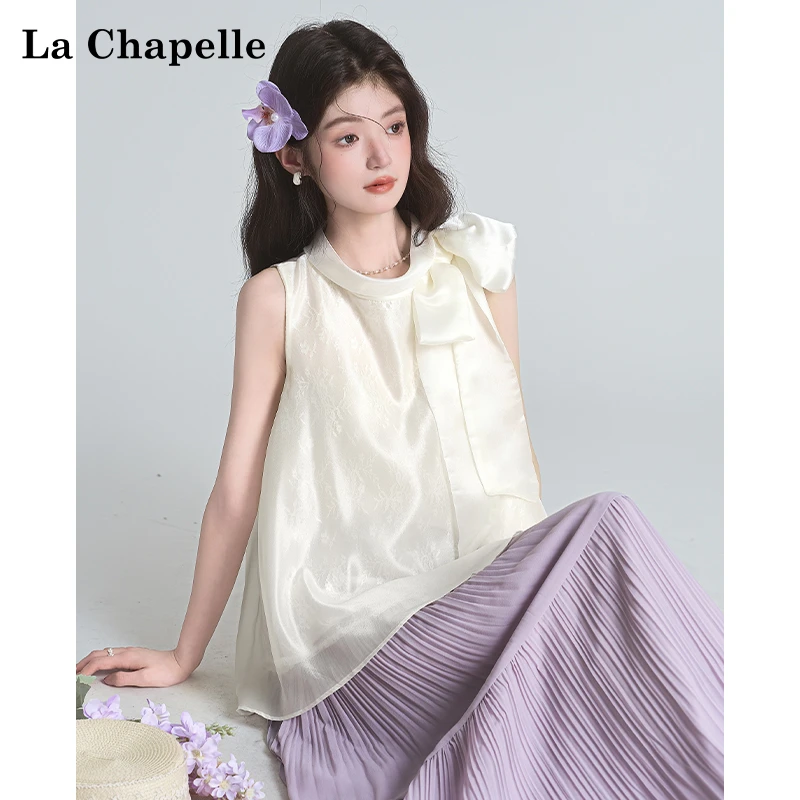 拉夏贝尔法式雪纺衫女蝴蝶结无袖背心夏季气质温柔欧根纱小衫上衣