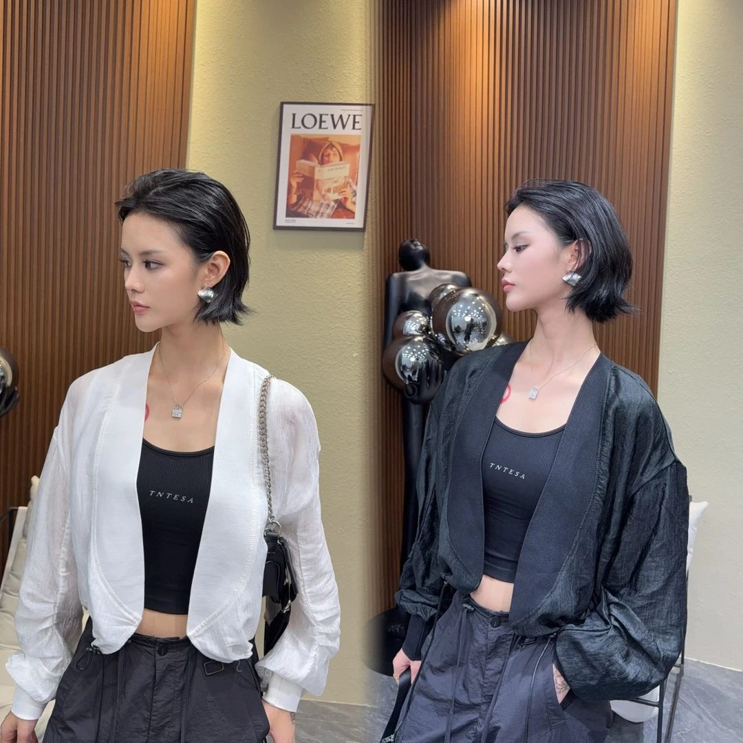 2025夏季新款甜辣螺纹边抽绳纯色百搭玻璃丝网纱防晒短外套女