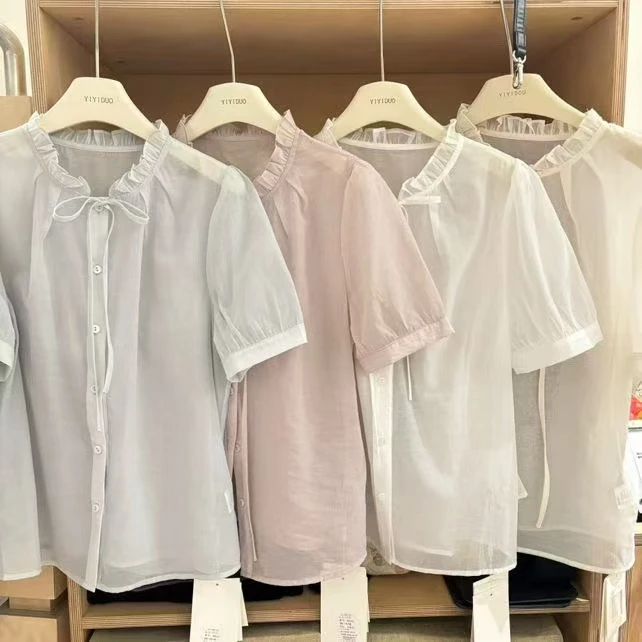极简风夏季荷叶边设计系带小衫