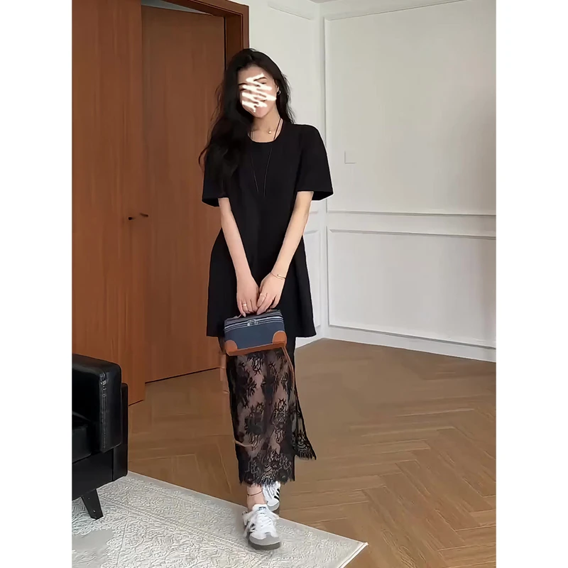 2025夏季新款韩系穿搭宽松中长款圆领上衣高腰显瘦开叉蕾丝半身裙