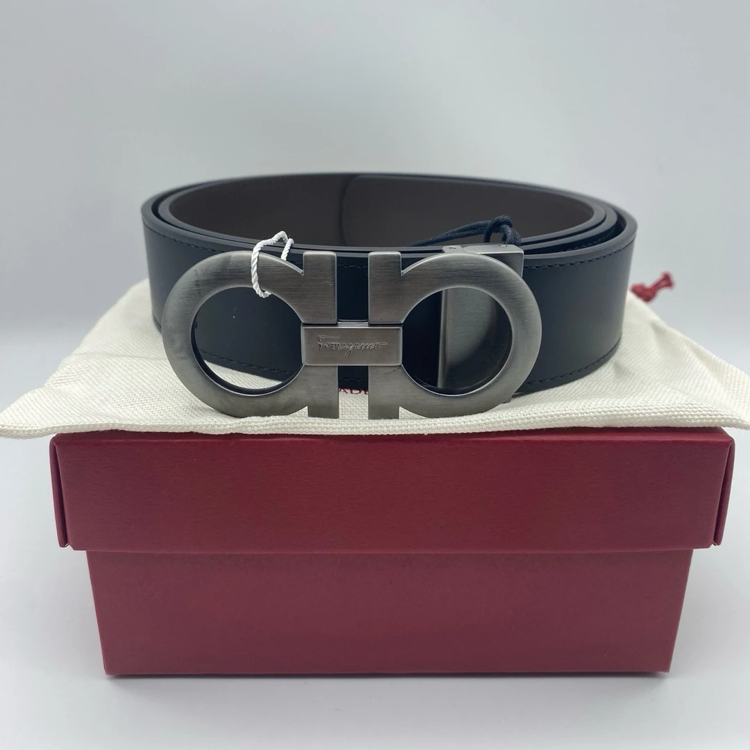 99新 FERRAGAMO/菲拉格慕 全新黑拼棕拉丝银扣皮带110码13160893