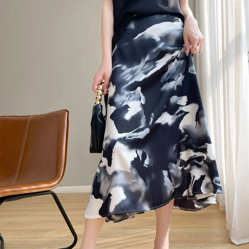 夏季印花半身裙时尚高腰新款显瘦醋酸缎面过膝气质中长款复古