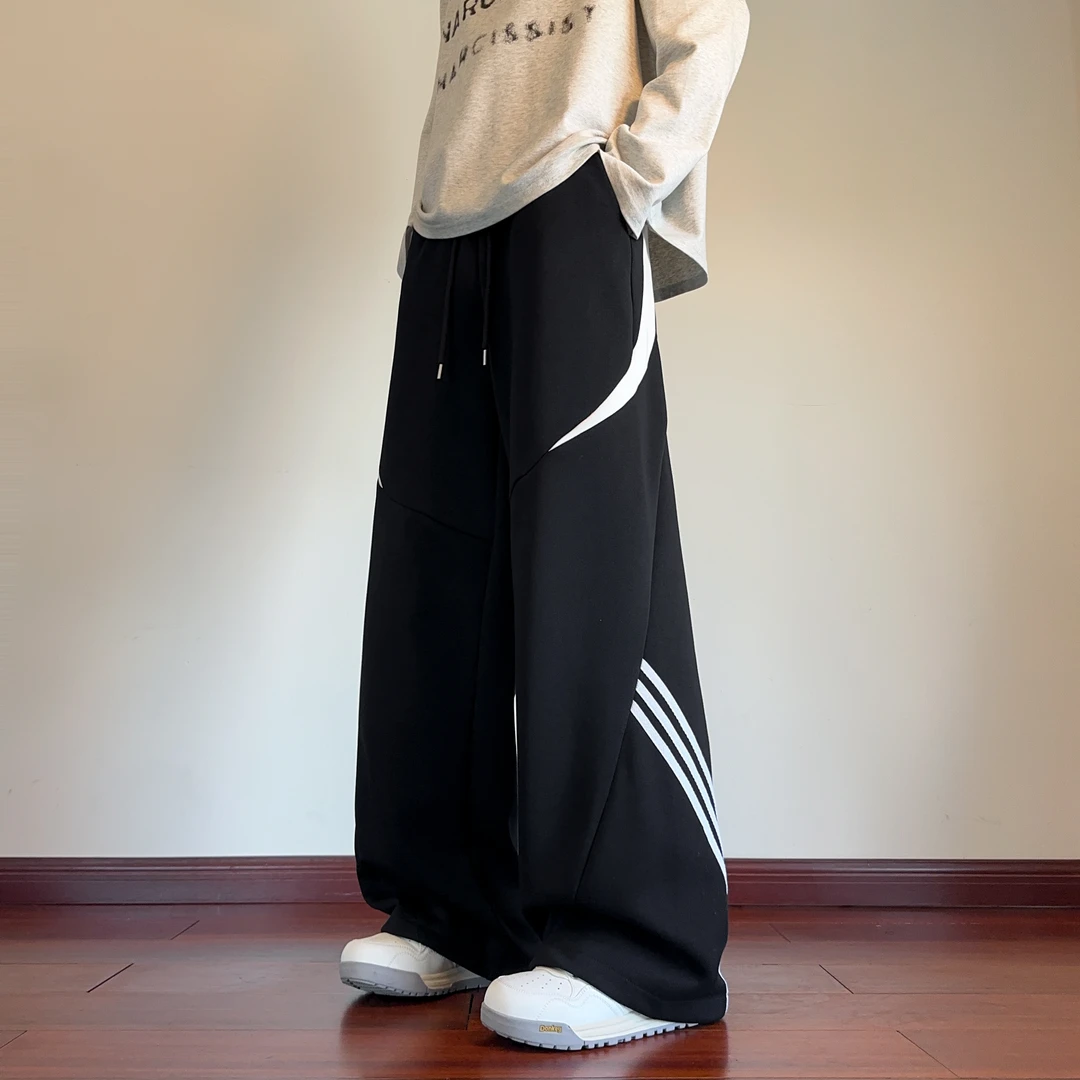 春秋季宽松潮流裤子男生阔腿裤休闲裤外穿条纹长裤直通裤潮流痞帅