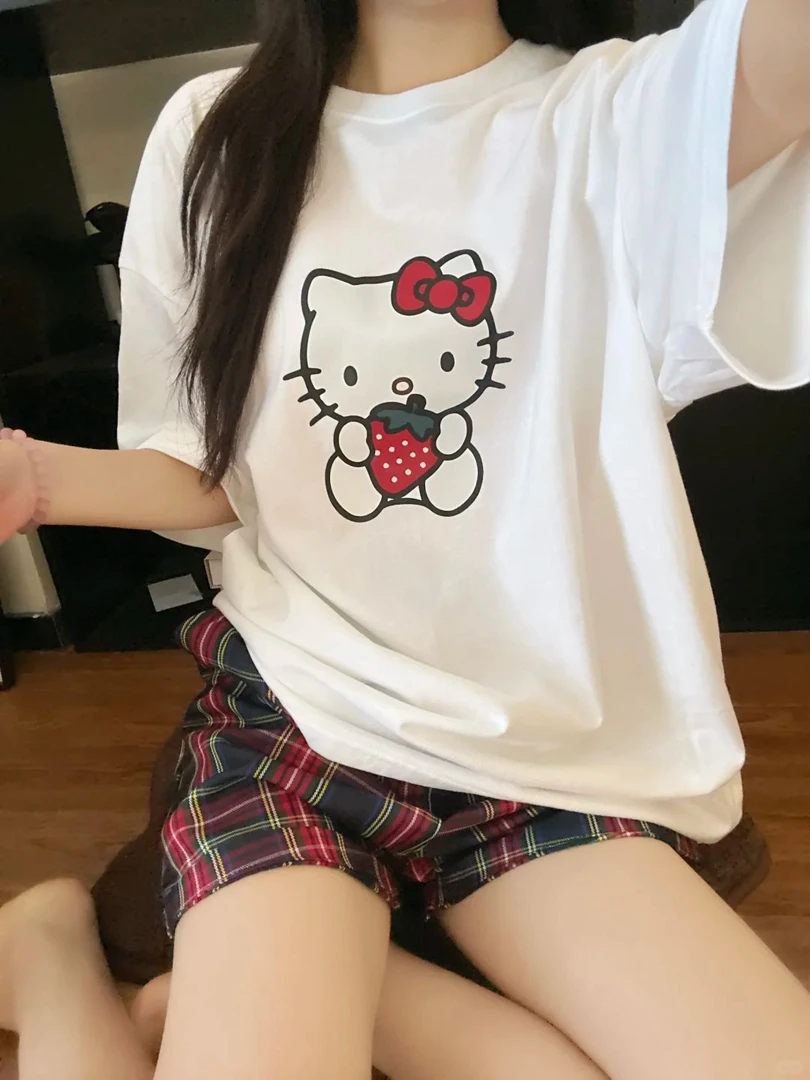 甜美风少女草莓kitty猫短袖睡衣女夏季新款格子短裤套装家居服夏