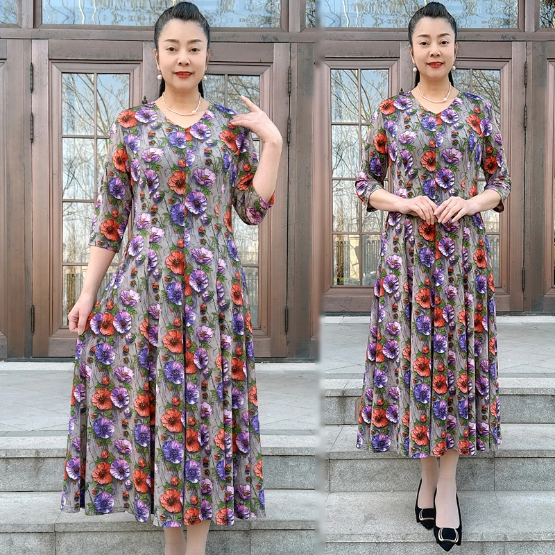 气质碎花连衣裙遮肚子弹力大码减龄妈妈装显瘦长款过膝百搭大摆裙