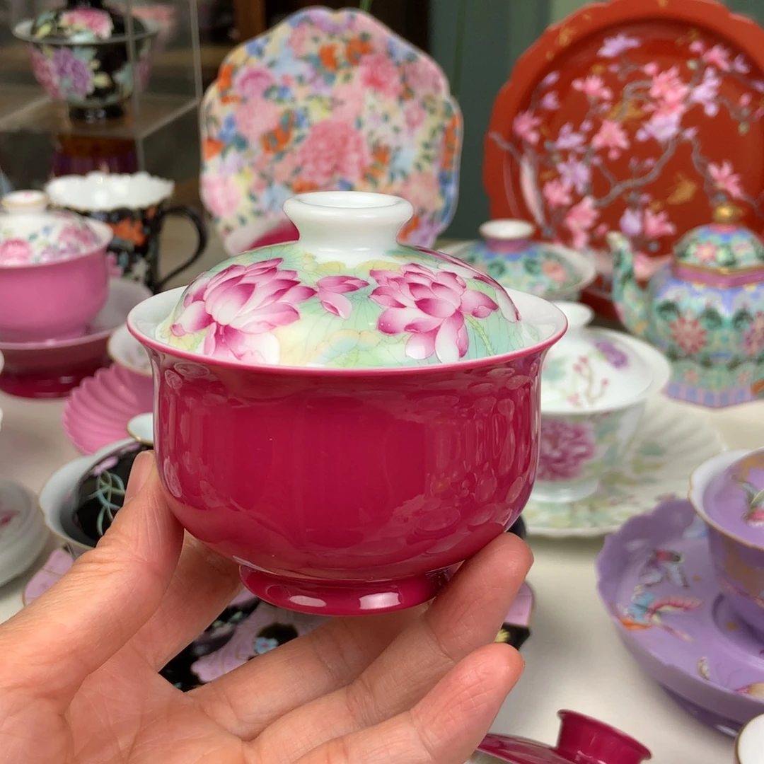 陶胭脂红荷花布袋盖碗