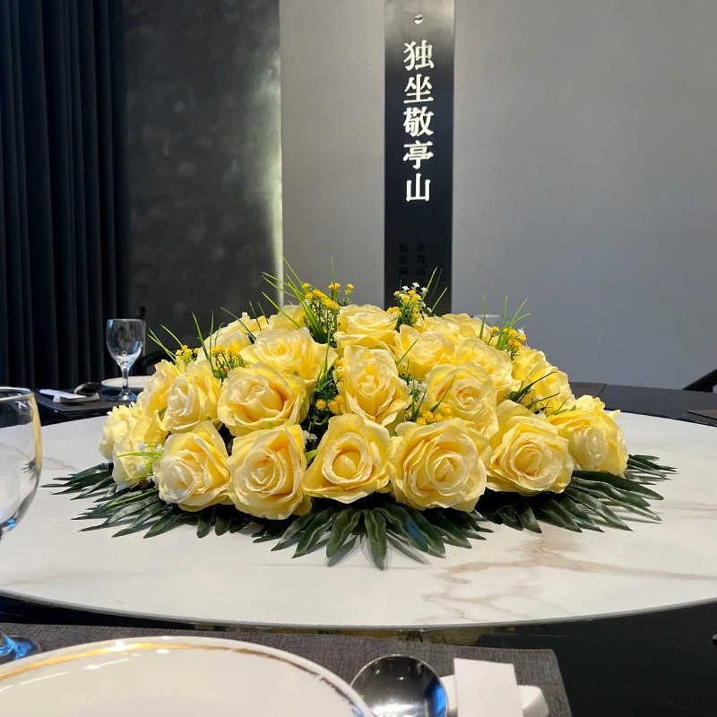 酒店餐桌花圆桌摆花演讲台仿真花会议桌花转盘餐桌花假花装饰花